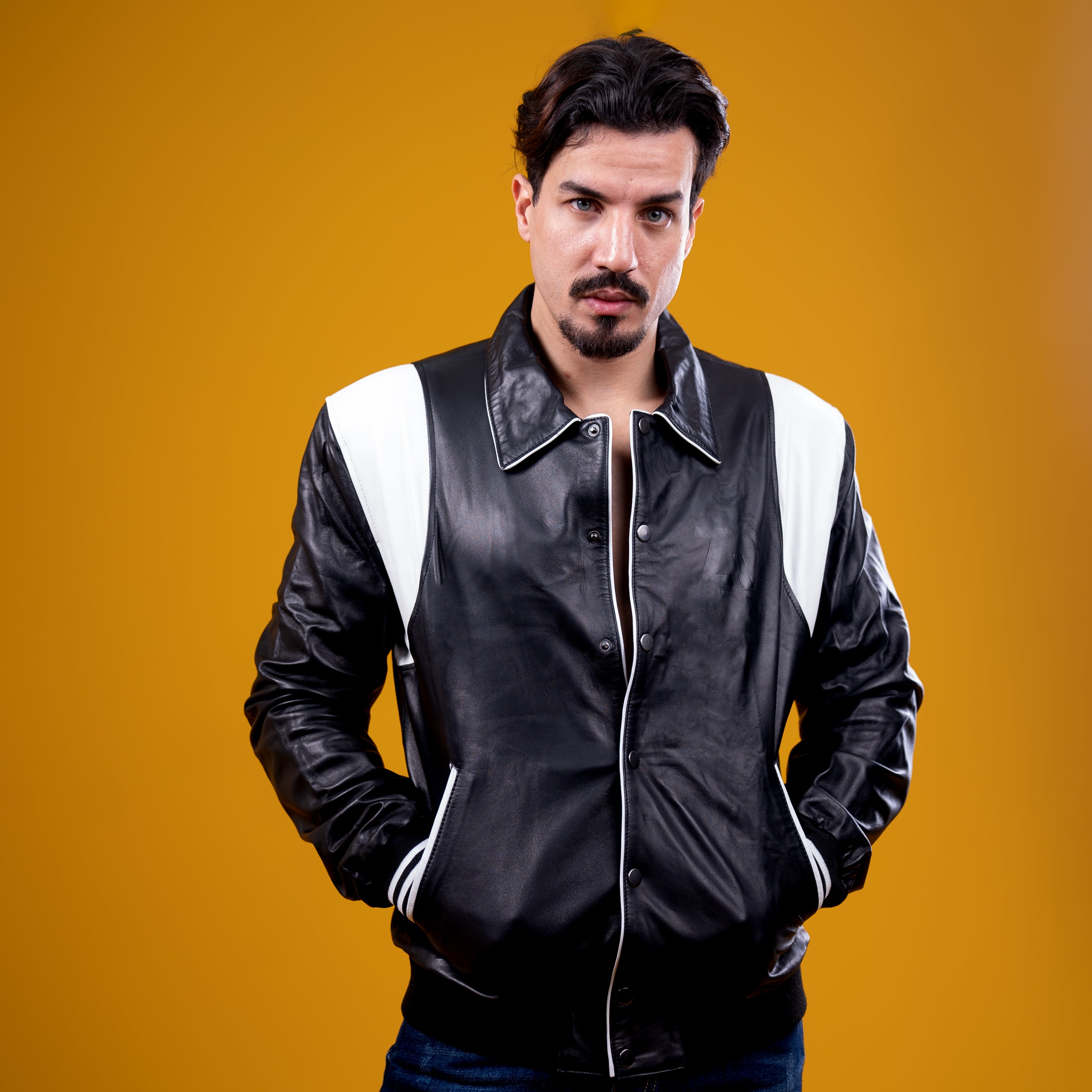 AZED® Varsity Leather Jacket — Black & White Edition