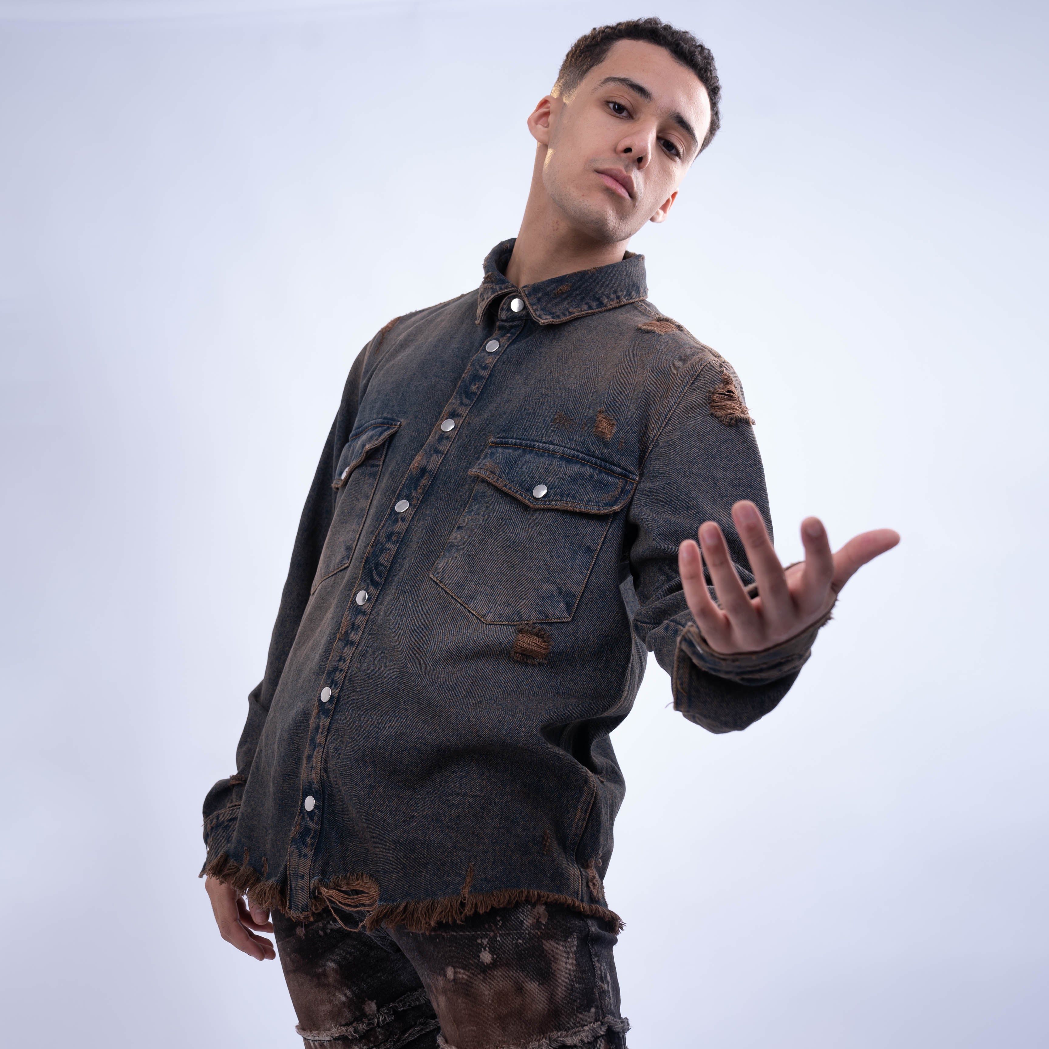 AZED® Distressed Denim Overshirt — Vintage Black