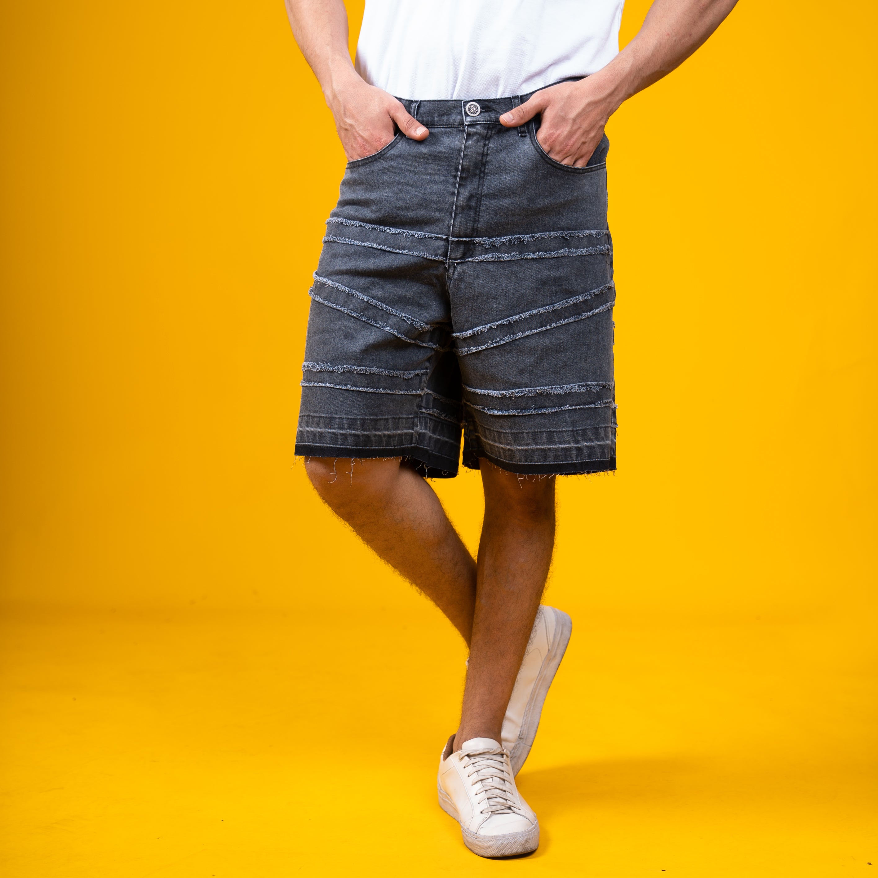 AZED® Raw Stitch Denim Shorts — Washed Black Edition