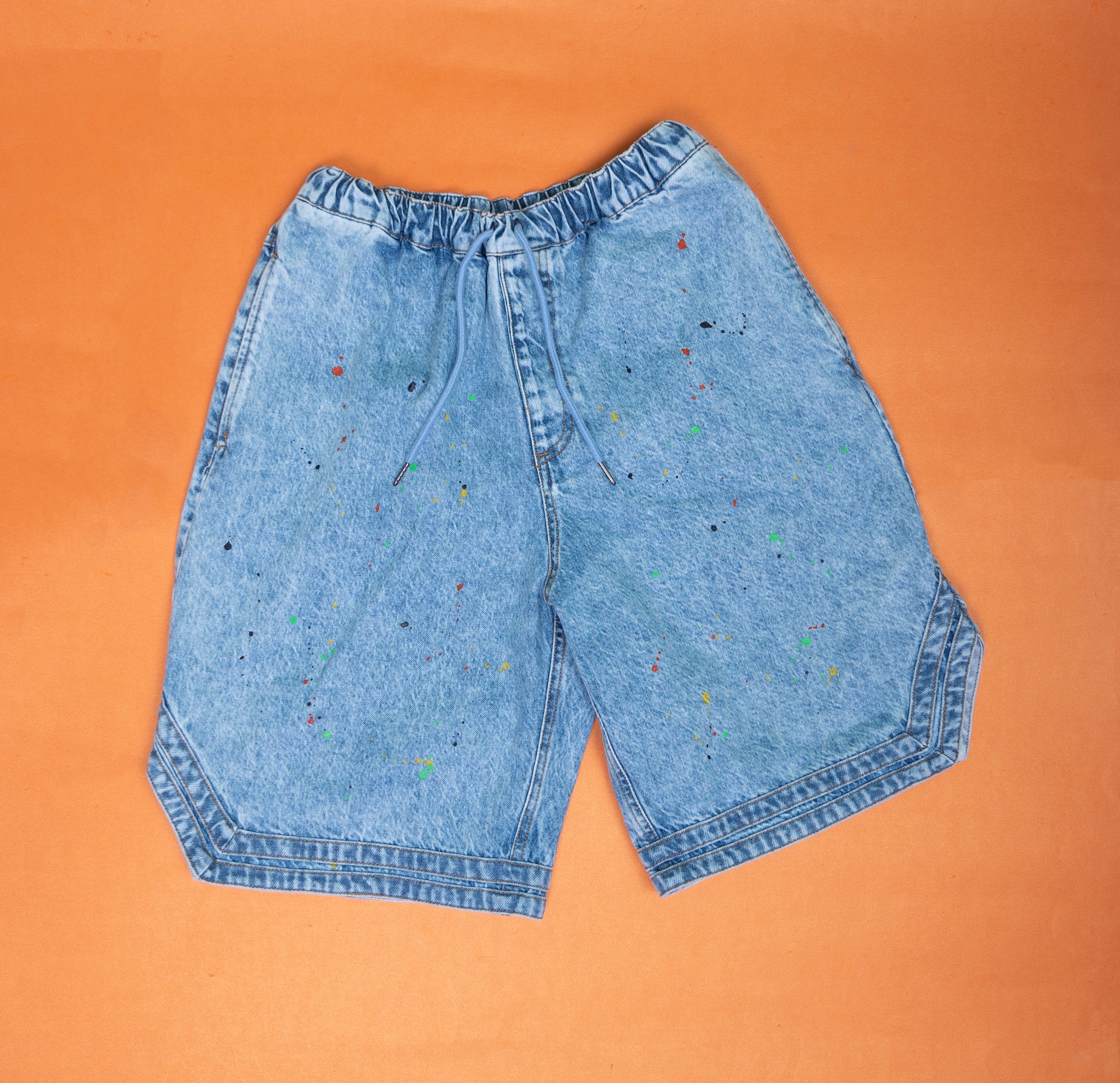 AZED® Paint Splash Denim Shorts — Washed Blue Edition
